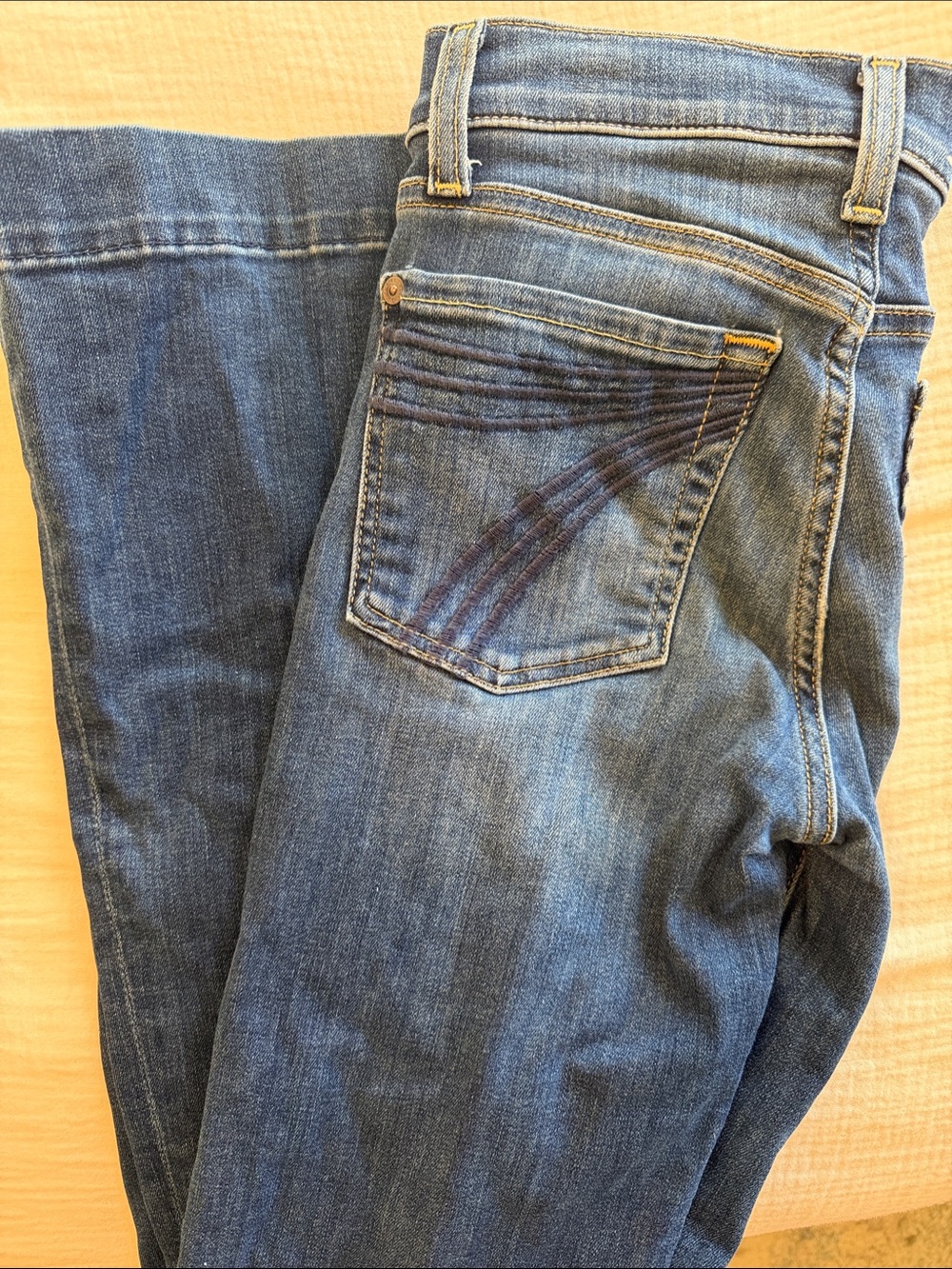 7 For All Mankind Women's Bootcut Jeans in Medium Blue with Dark Back-Stitching